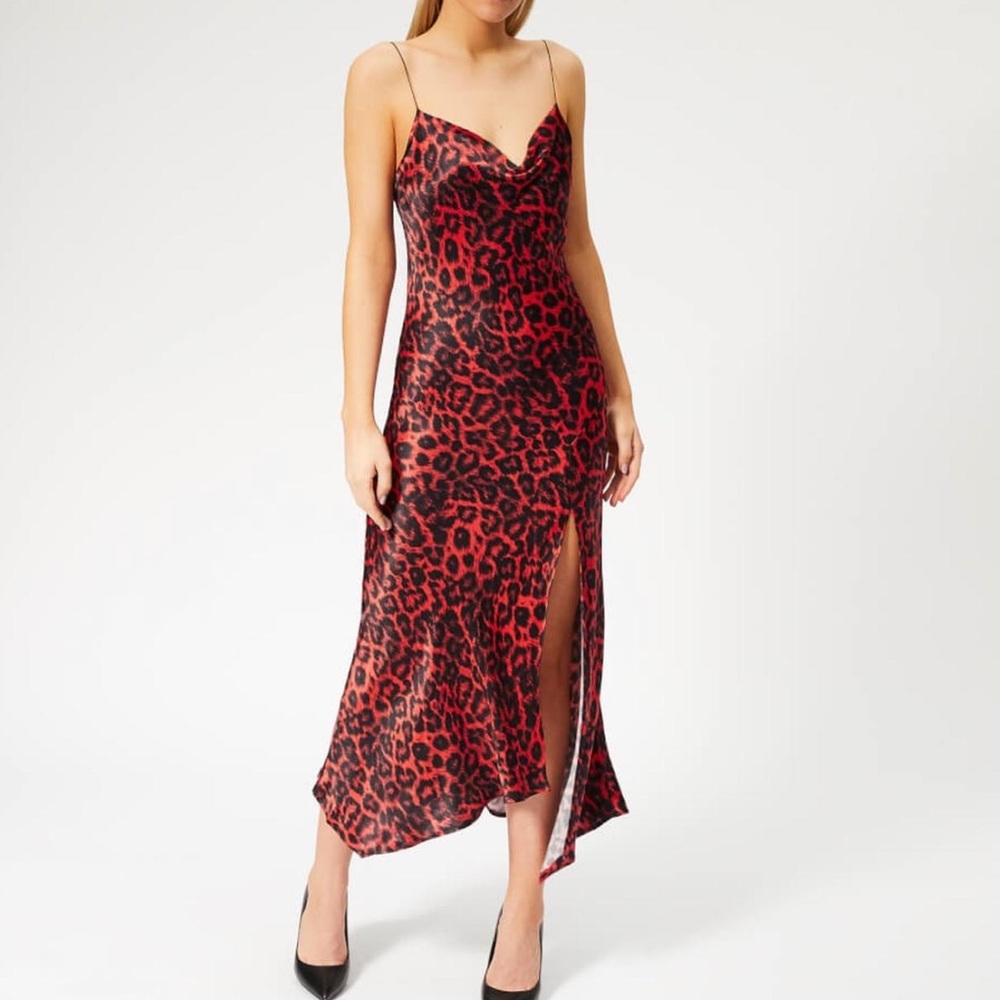 Bec&Bridge Red Cheetah dress with slit midi